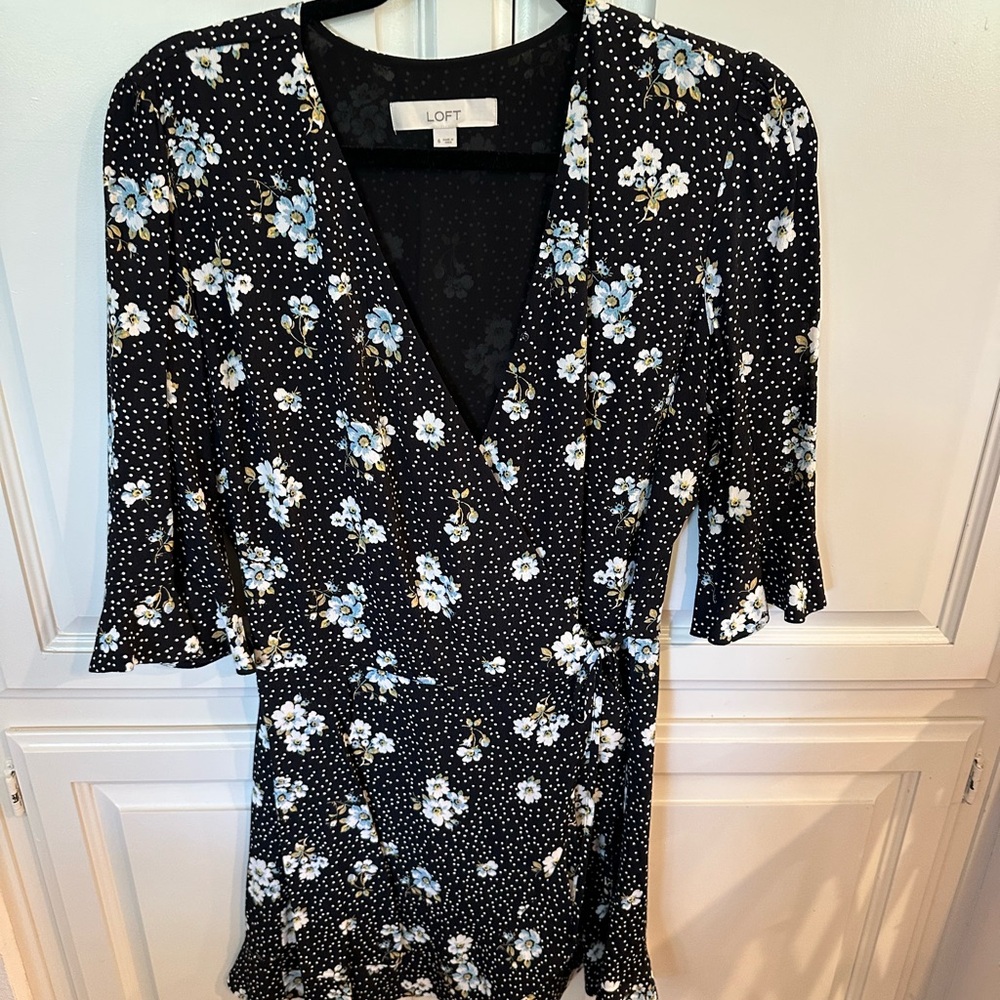 LOFT Black and White Floral V-Neck Dress